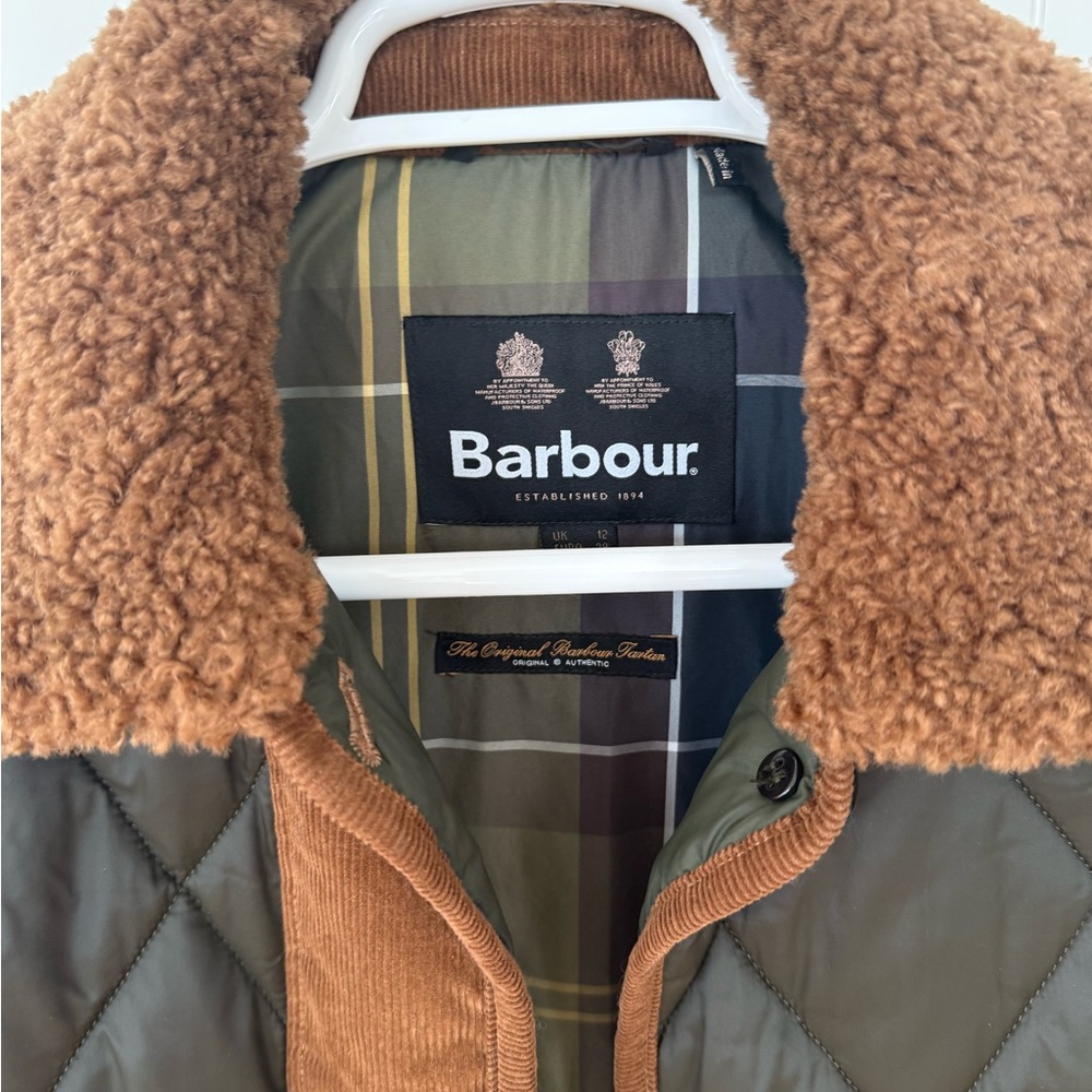 Barbour Olive Green Quilted Trench Coat with Brown Trim - Picture 5 of 7
